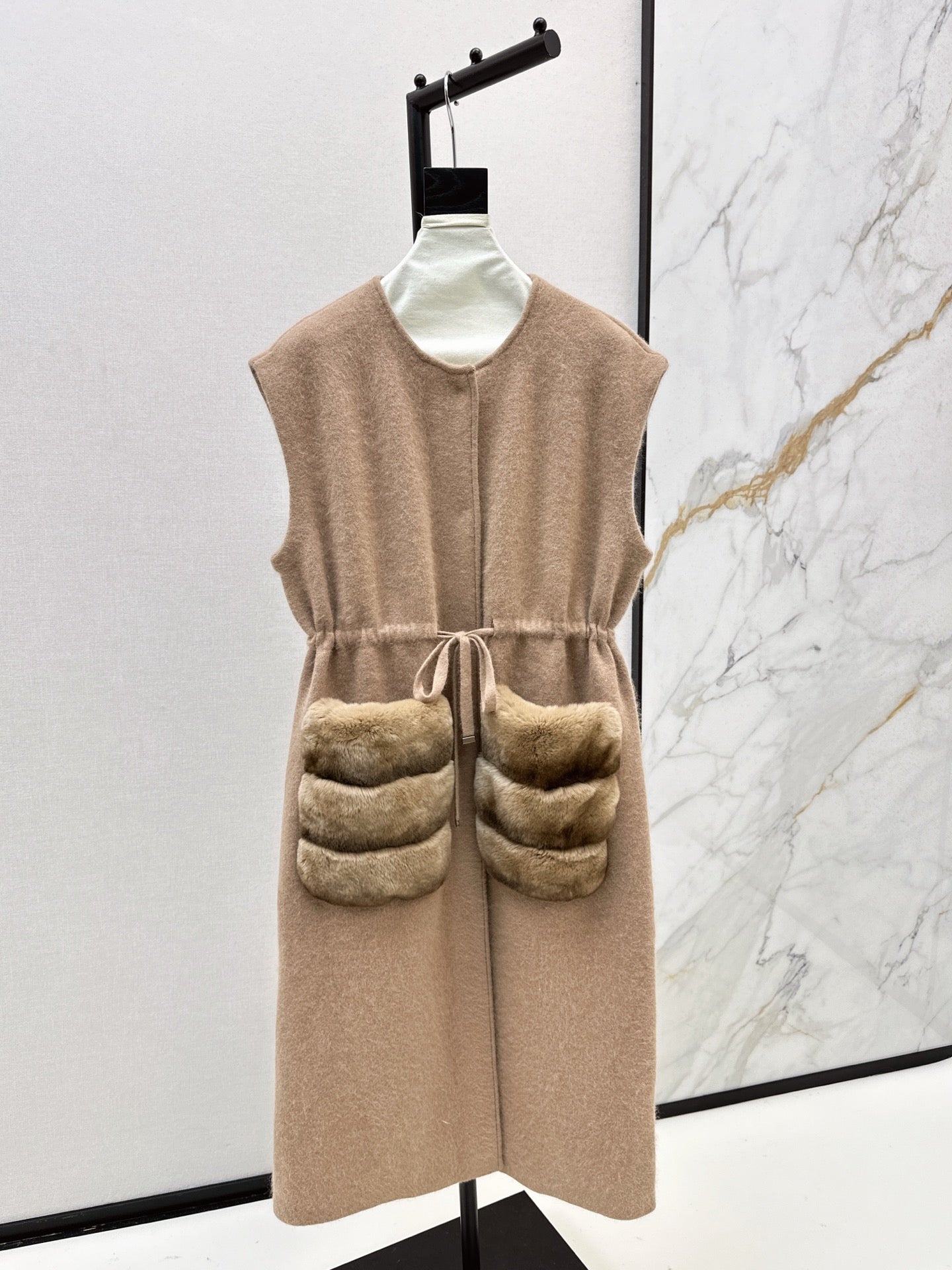 Rex rabbit fur collar pocket long vest coat
