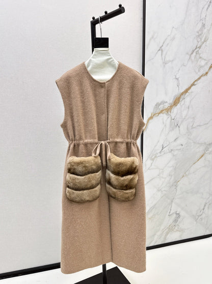 Rex rabbit fur collar pocket long vest coat