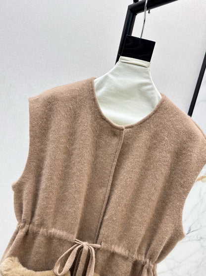 Rex rabbit fur collar pocket long vest coat