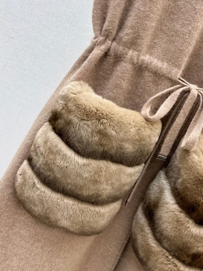 Rex rabbit fur collar pocket long vest coat