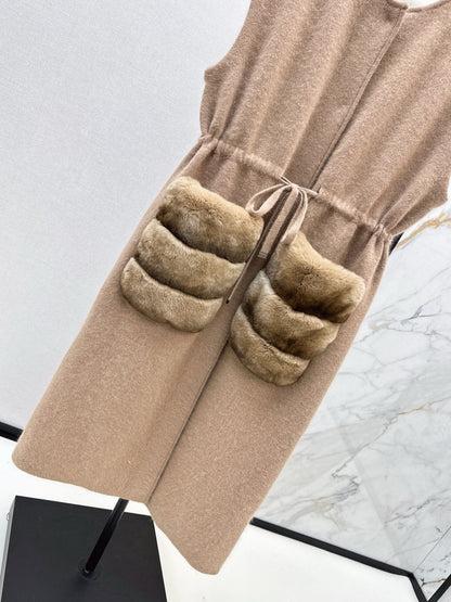 Rex rabbit fur collar pocket long vest coat