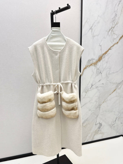 Rex rabbit fur collar pocket long vest coat