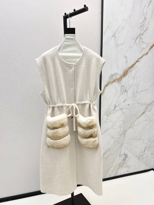 Rex rabbit fur collar pocket long vest coat