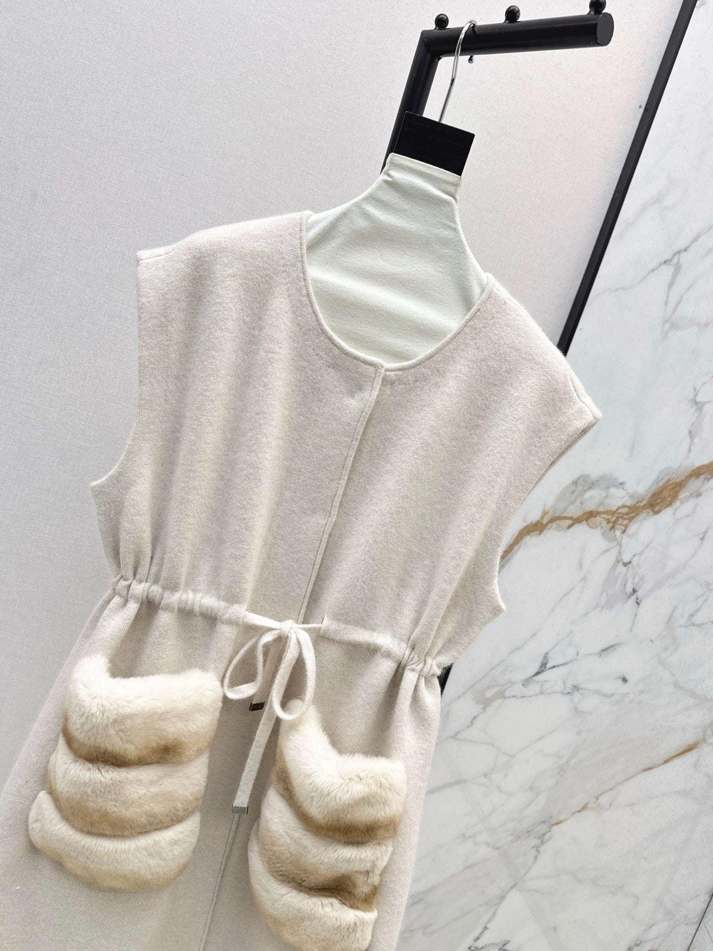 Rex rabbit fur collar pocket long vest coat