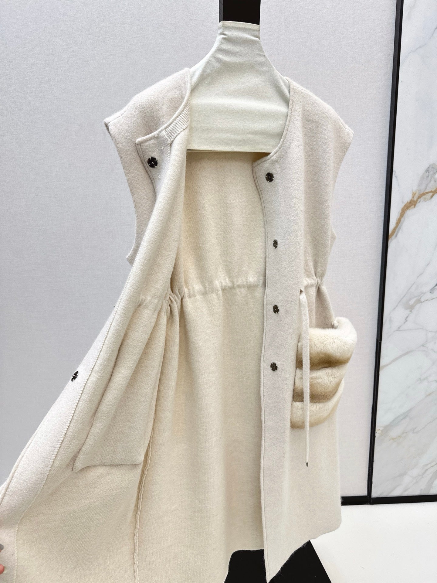 Rex rabbit fur collar pocket long vest coat