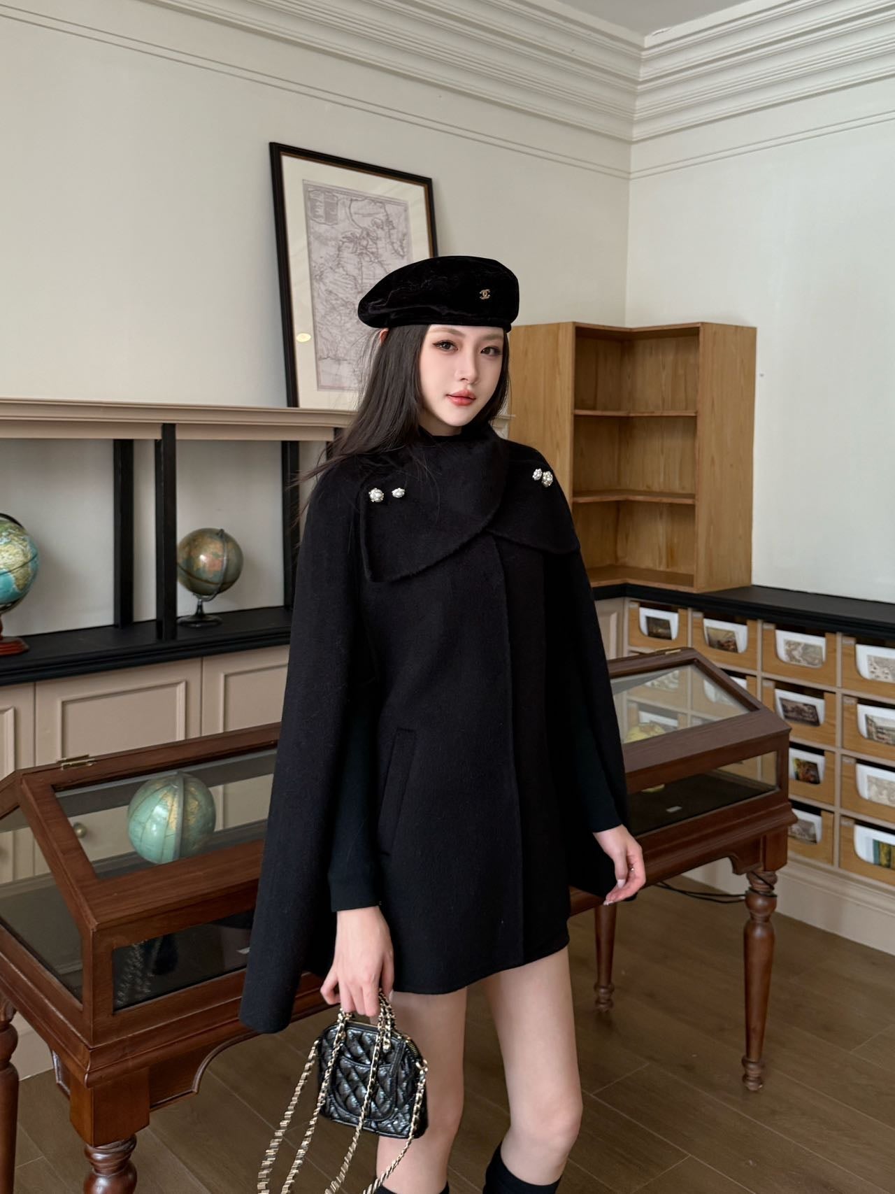 Double-faced wool cape coat