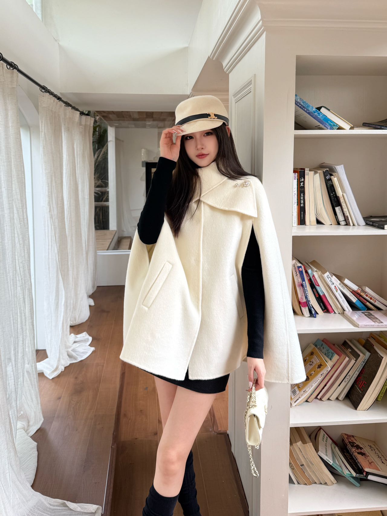 Double-faced wool cape coat
