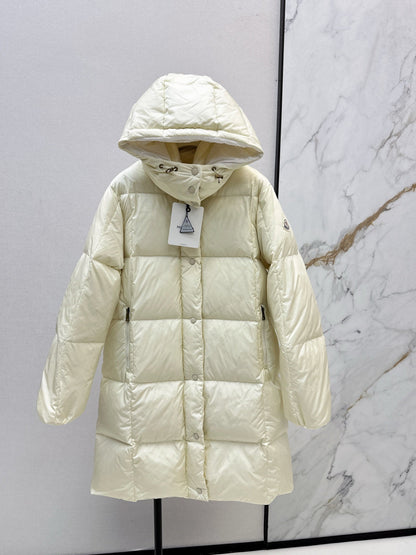 mid-length down jacket with hood and sleeve badge