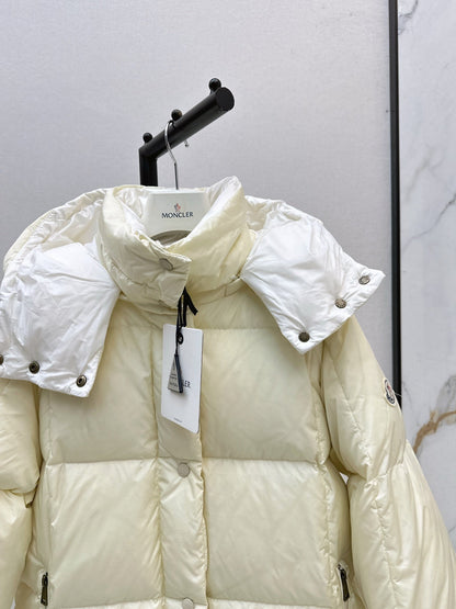 mid-length down jacket with hood and sleeve badge