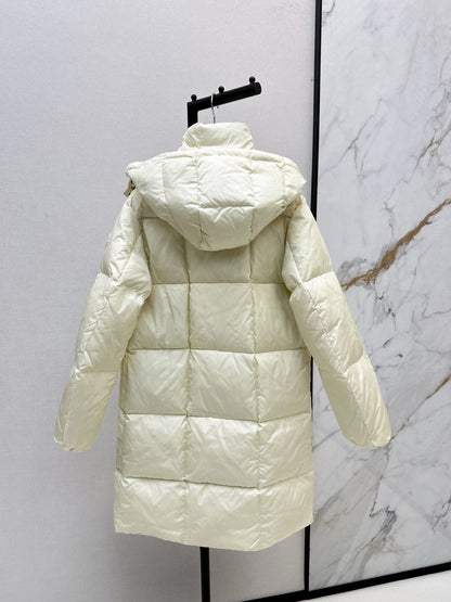 mid-length down jacket with hood and sleeve badge