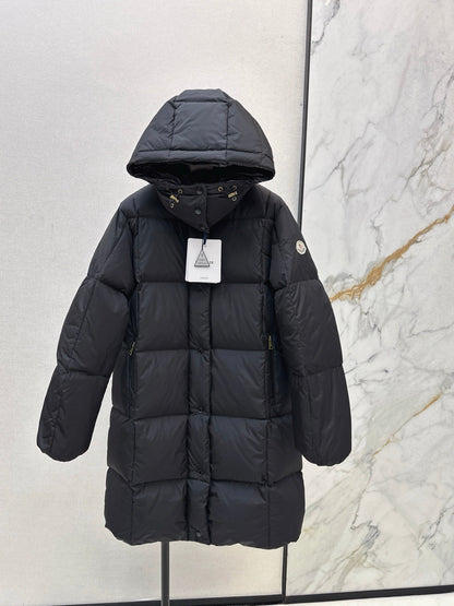 mid-length down jacket with hood and sleeve badge