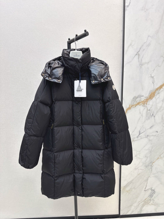 mid-length down jacket with hood and sleeve badge