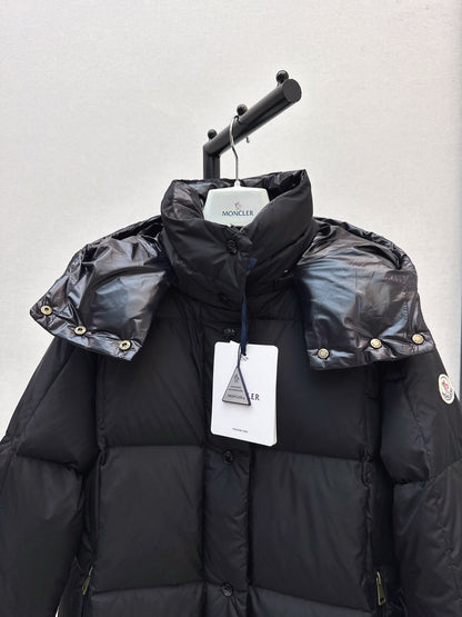 mid-length down jacket with hood and sleeve badge