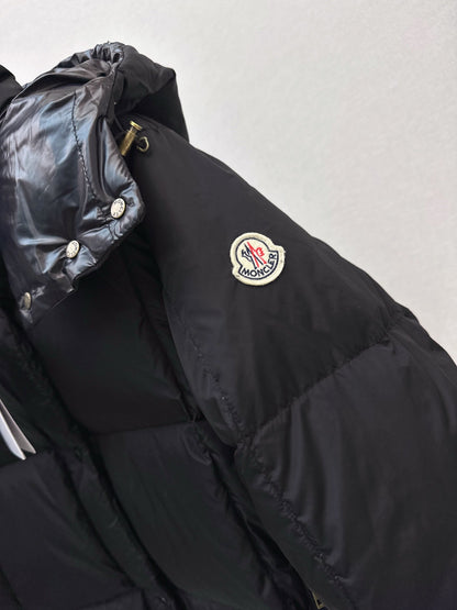 mid-length down jacket with hood and sleeve badge