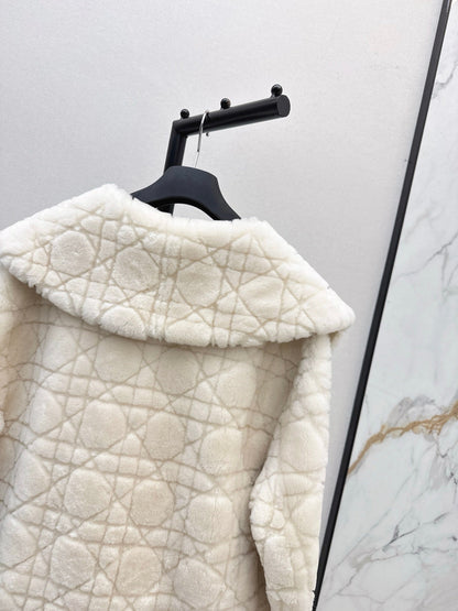 Check fur coat with large lapels