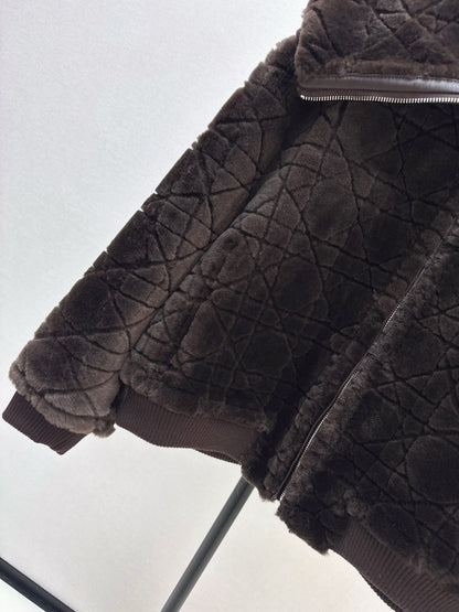 Check fur coat with large lapels