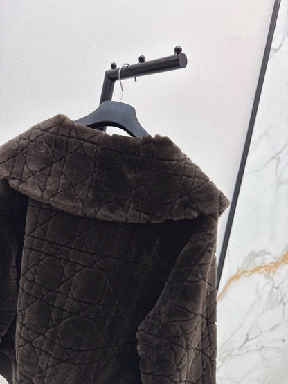 Check fur coat with large lapels