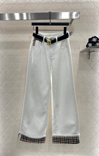 Plaid belt denim trousers