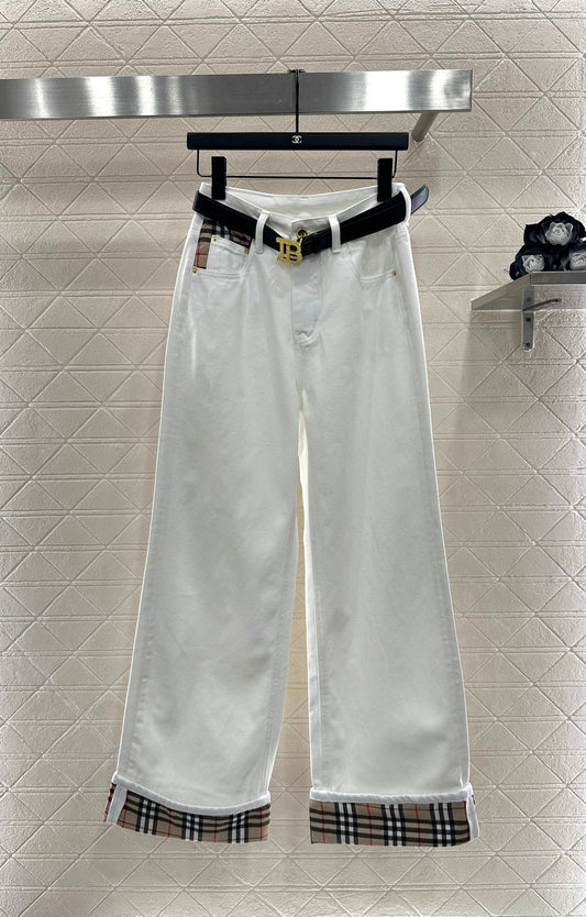 Plaid belt denim trousers