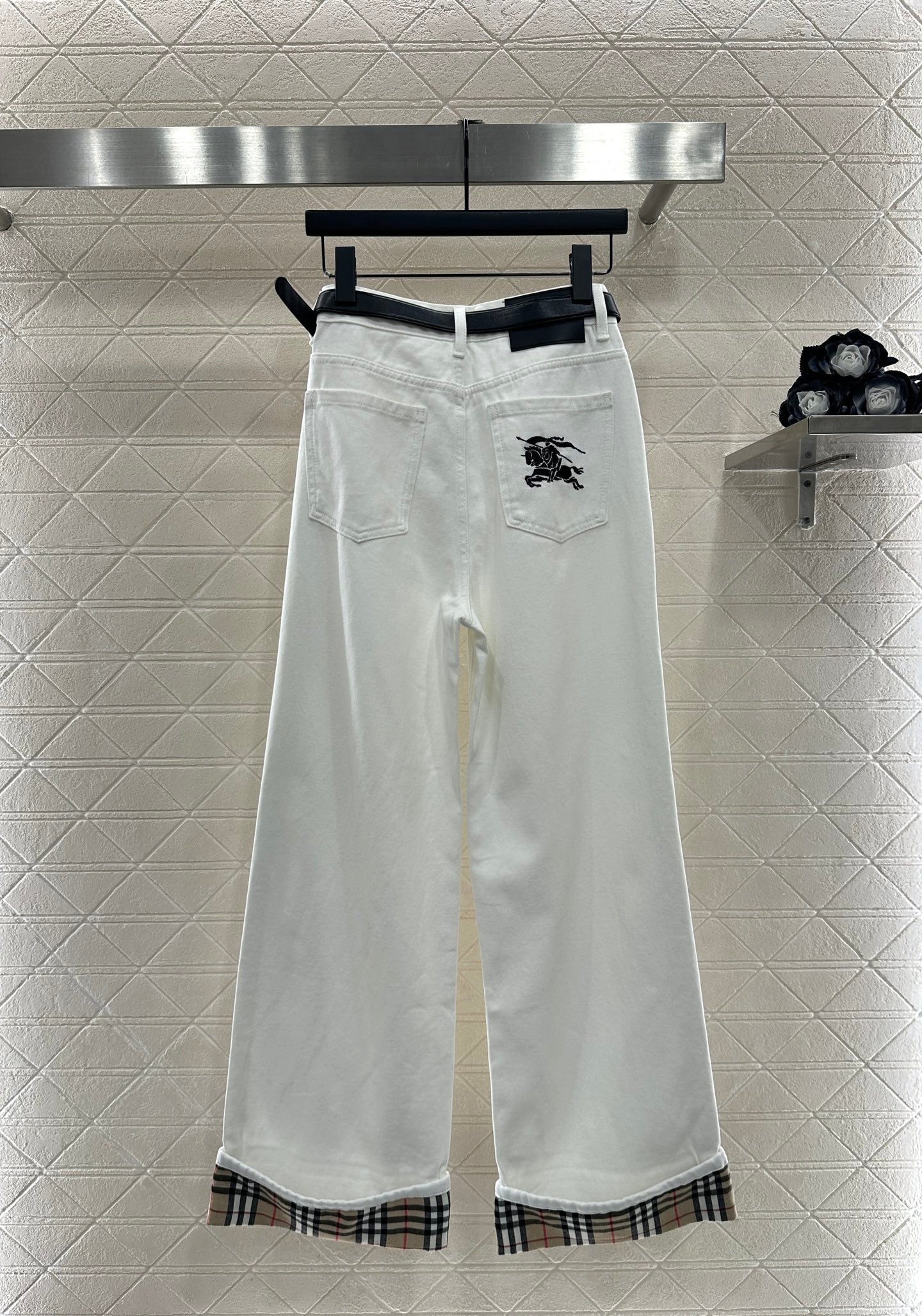 Plaid belt denim trousers