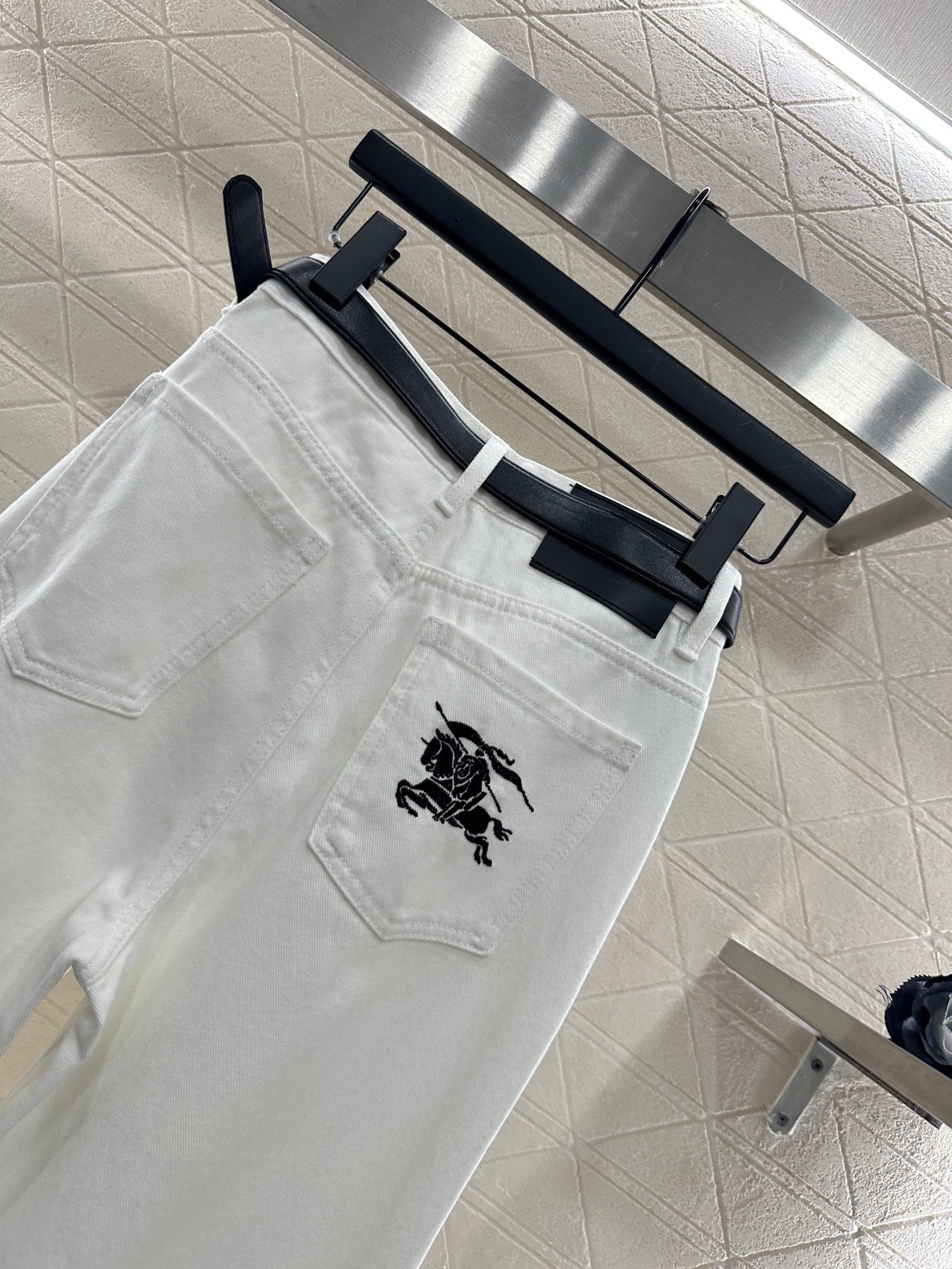 Plaid belt denim trousers