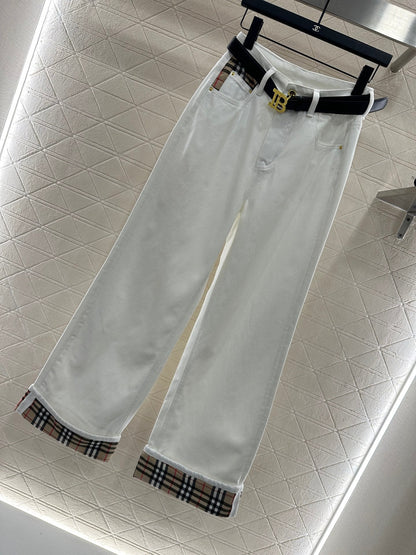 Plaid belt denim trousers