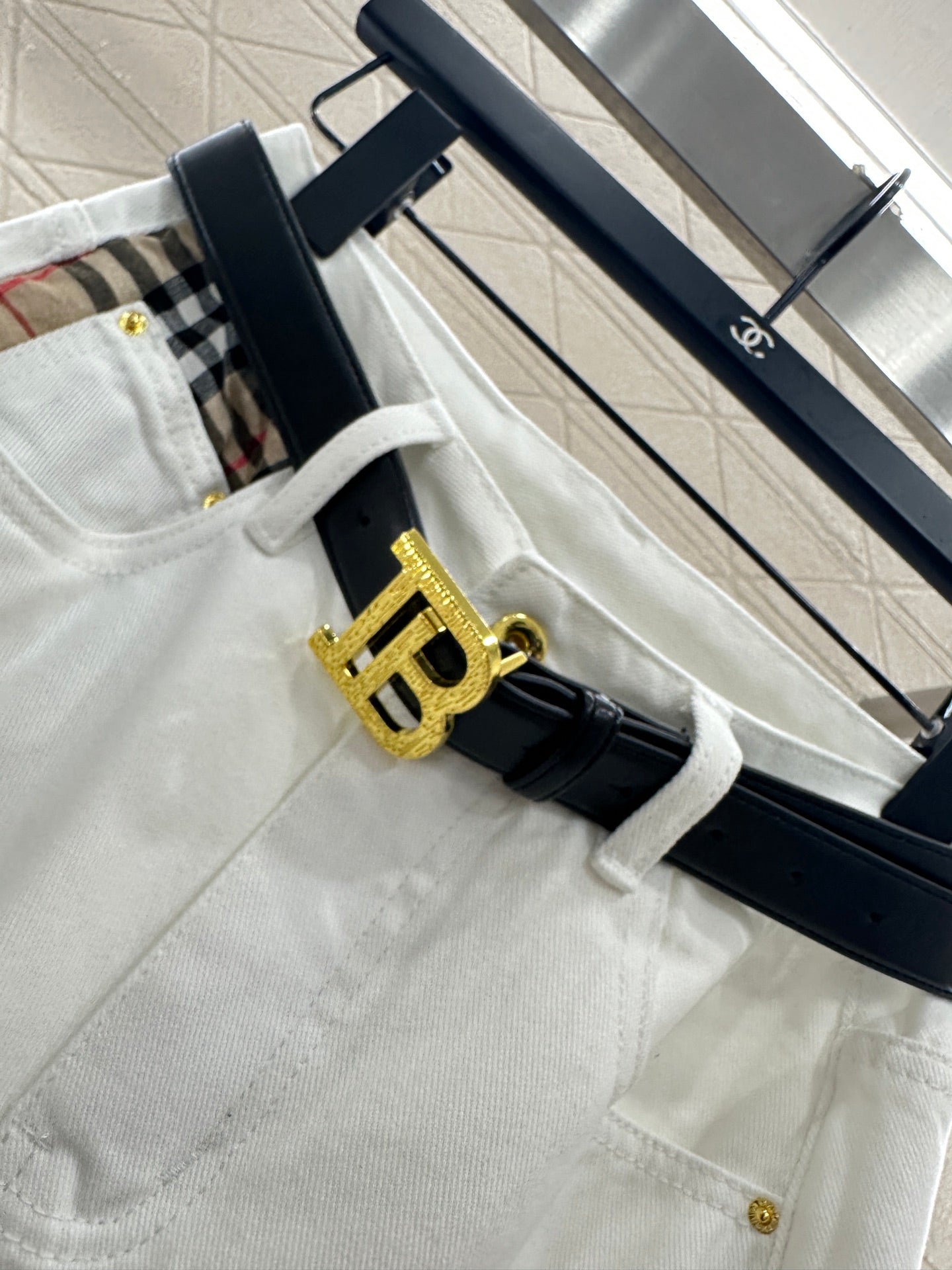 Plaid belt denim trousers