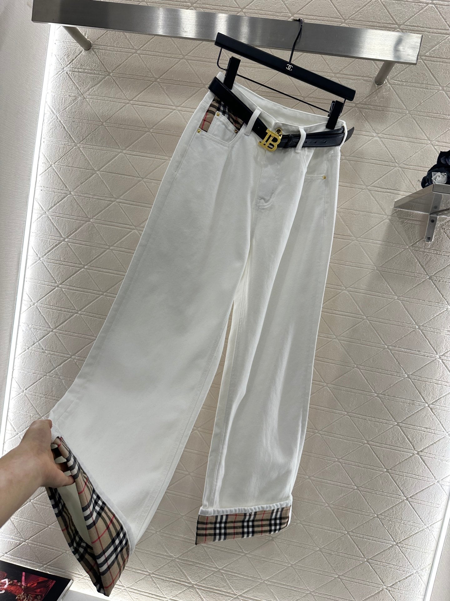 Plaid belt denim trousers