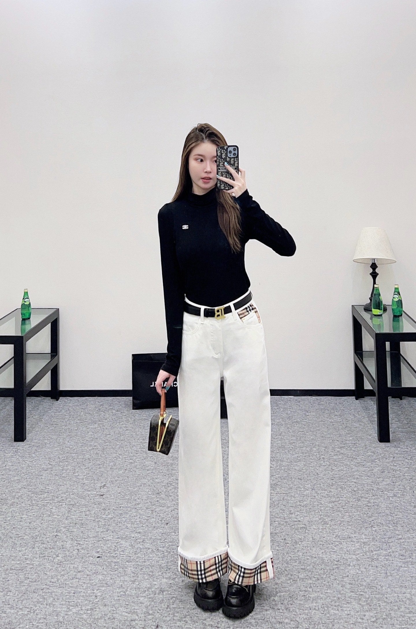 Plaid belt denim trousers