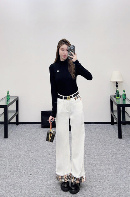 Plaid belt denim trousers