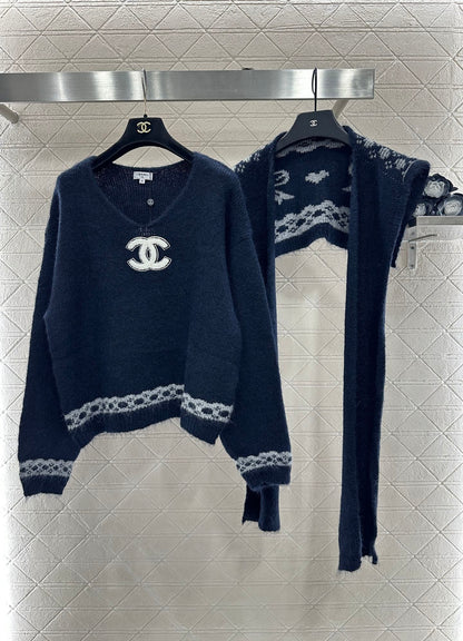 Shawl knitted wool sweater two-piece set