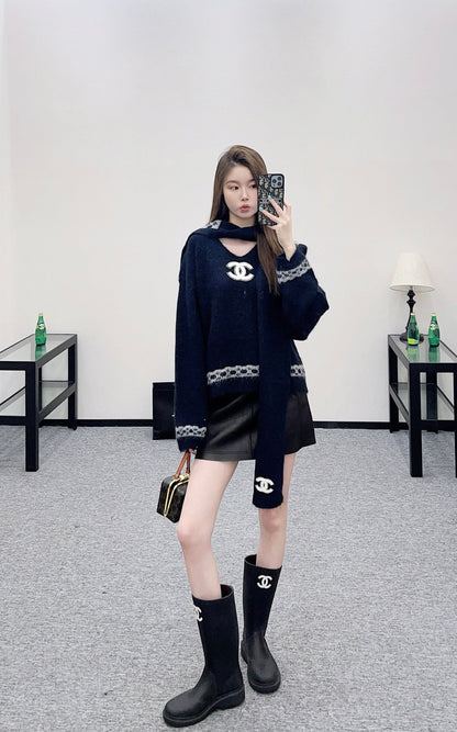 Shawl knitted wool sweater two-piece set