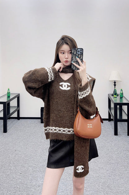 Shawl knitted wool sweater two-piece set