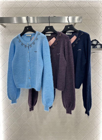 Rhinestone Beaded Knit wool Cardigan