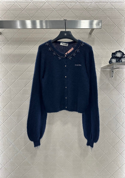 Rhinestone Beaded Knit wool Cardigan