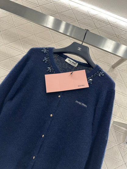 Rhinestone Beaded Knit wool Cardigan