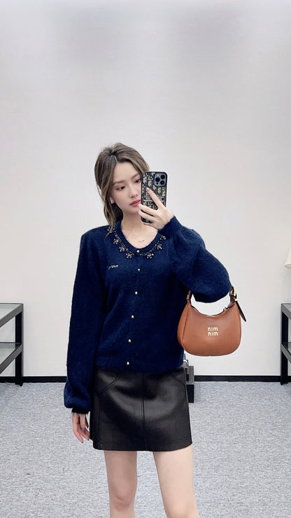 Rhinestone Beaded Knit wool Cardigan