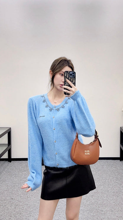 Rhinestone Beaded Knit wool Cardigan