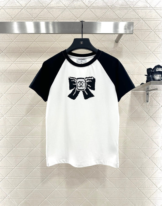 25fw new round neck raglan bow letter T-shirt