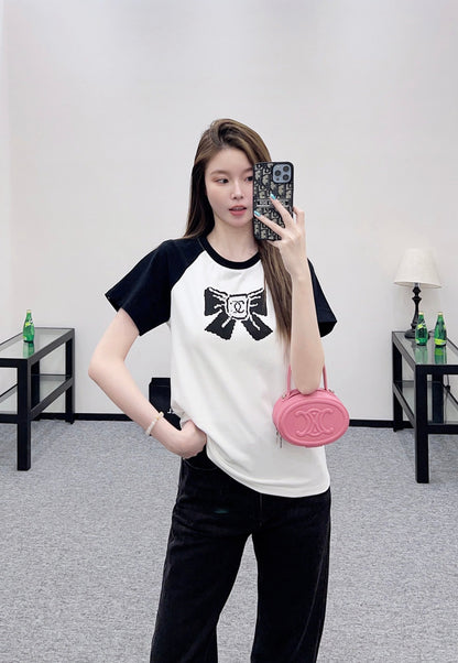 25fw new round neck raglan bow letter T-shirt