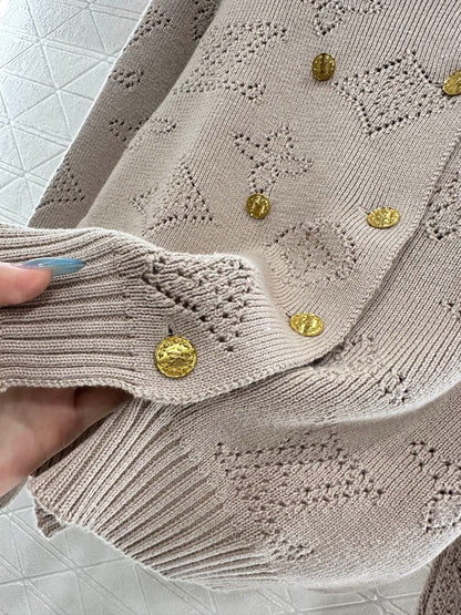 25fw new hollow wool knitted cardigan pleated skirt suit