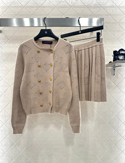 25fw new hollow wool knitted cardigan pleated skirt suit