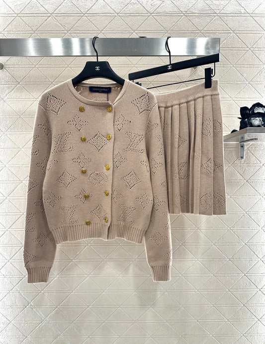 25fw new hollow wool knitted cardigan pleated skirt suit