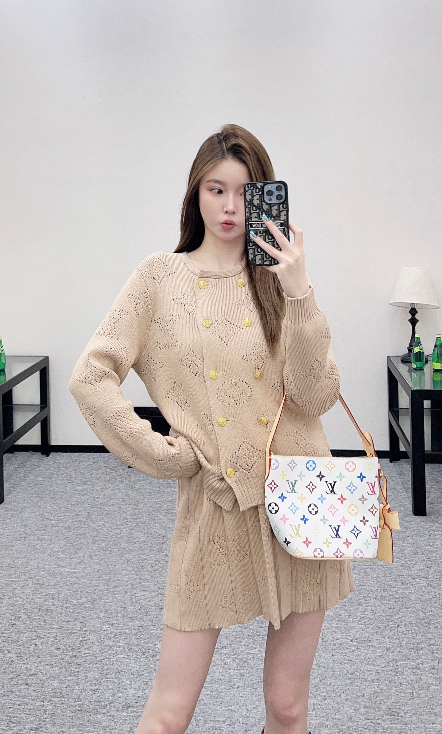 25fw new hollow wool knitted cardigan pleated skirt suit