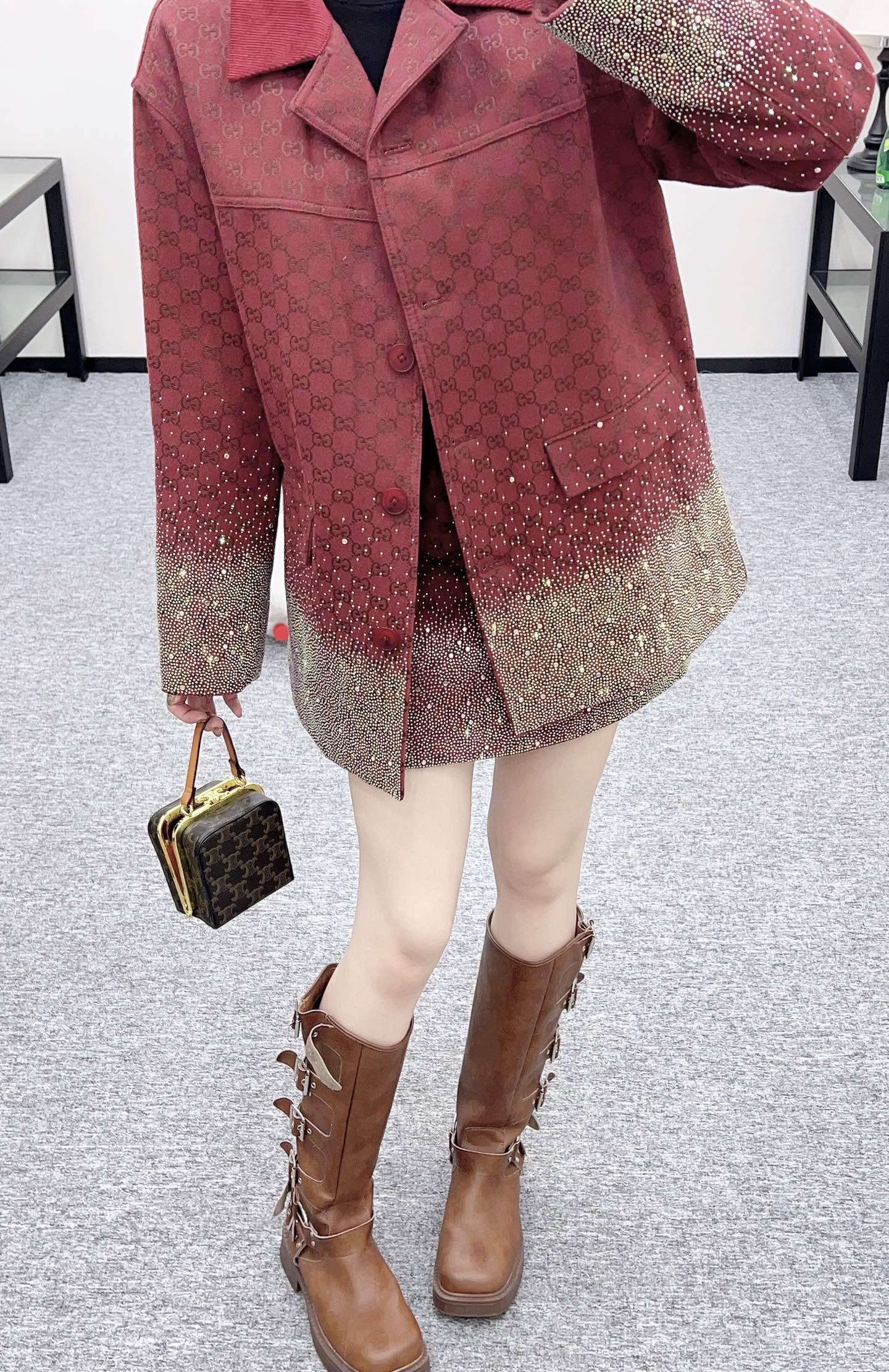 25fw new hot diamond cotton jacket and short skirt suit