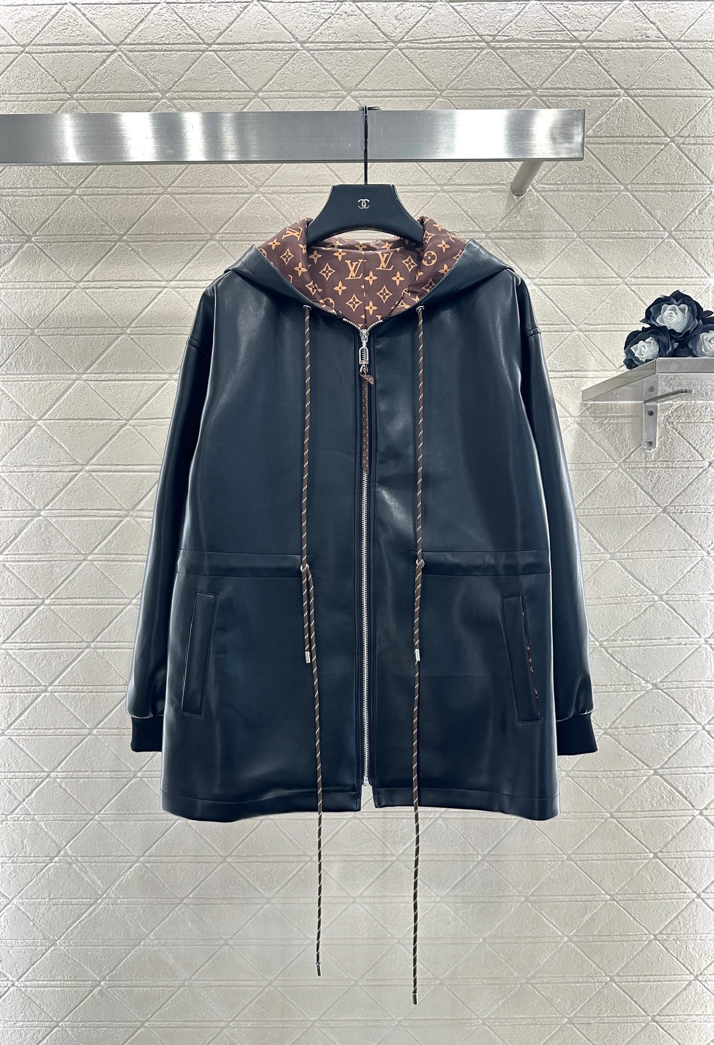 25fw new washed leather hooded mid-length coat