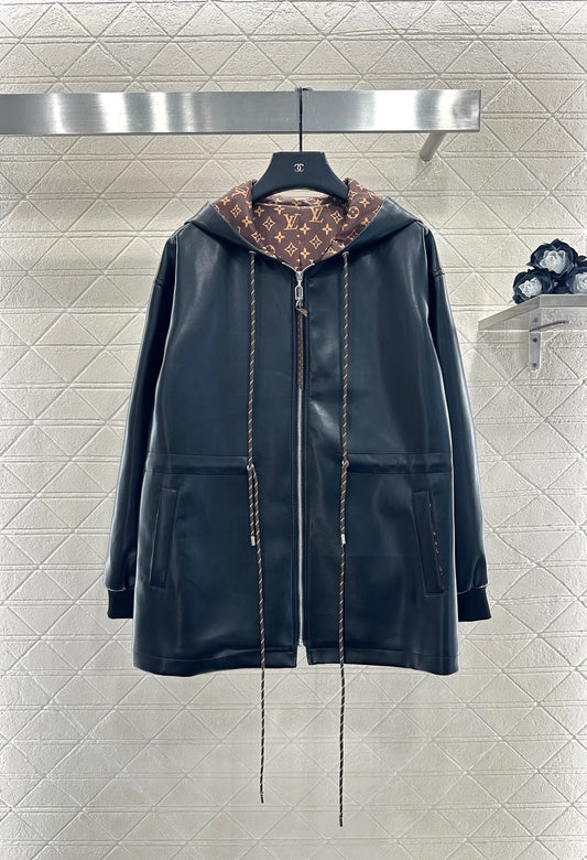 25fw new washed leather hooded mid-length coat
