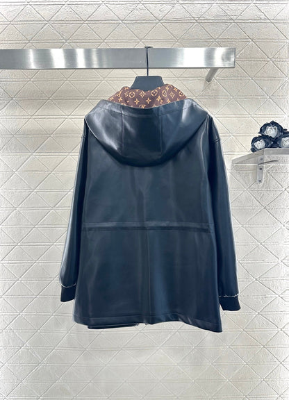 25fw new washed leather hooded mid-length coat