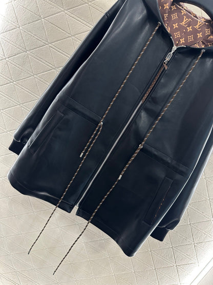 25fw new washed leather hooded mid-length coat