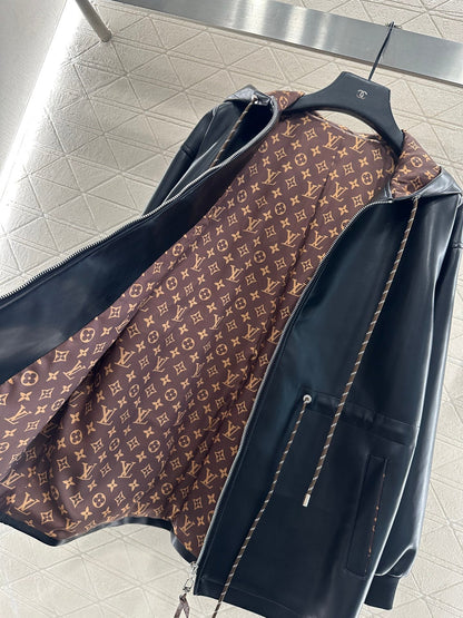 25fw new washed leather hooded mid-length coat